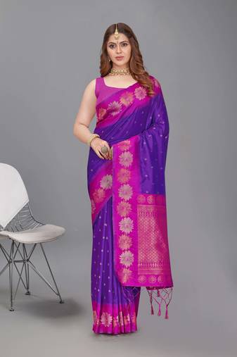 Purple Soft Silk Floral Border Dual Zari Woven Saree