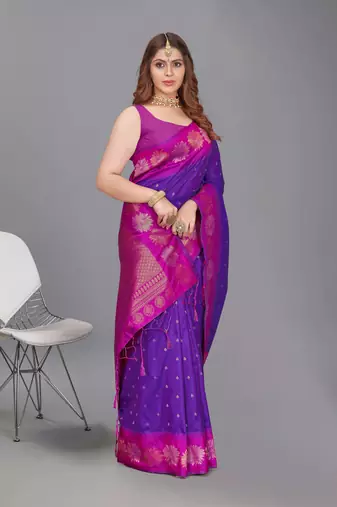 Purple Soft Silk Floral Border Dual Zari Woven Saree