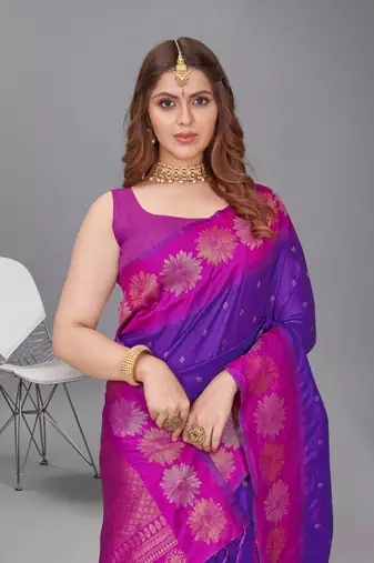 Purple Soft Silk Floral Border Dual Zari Woven Saree