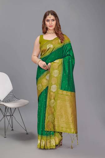 Dark Green Soft Silk Floral Border Dual Zari Woven Saree