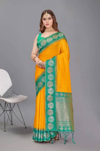 Yellow Soft Silk Floral Border Dual Zari Woven Saree