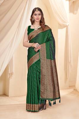 Dark Green Faux Banarasi Katan Silk Zari Woven Saree 2