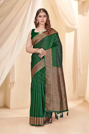 Dark Green Faux Banarasi Katan Silk Zari Woven Saree