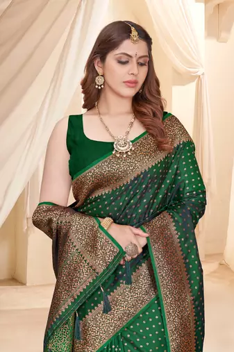 Dark Green Faux Banarasi Katan Silk Zari Woven Saree