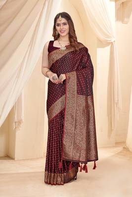 Dark Maroon Faux Banarasi Katan Silk Zari Woven Saree 1
