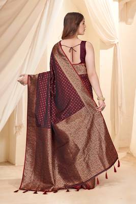 Dark Maroon Faux Banarasi Katan Silk Zari Woven Saree 2