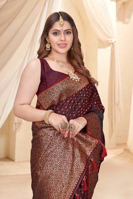 Dark Maroon Faux Banarasi Katan Silk Zari Woven Saree 3
