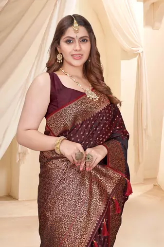 Dark Maroon Faux Banarasi Katan Silk Zari Woven Saree