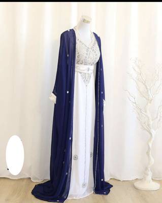 Off-White and Navy Blue Georgette Zari Kaftan Dress for Women 1