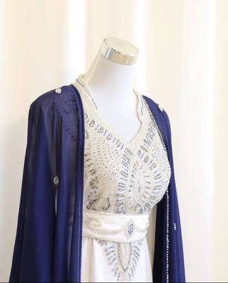 Off-White and Navy Blue Georgette Zari Kaftan Dress for Women 2