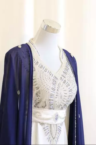 Off-White and Navy Blue Georgette Zari Kaftan Dress for Women