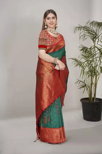 Green Soft Silk Contrast Gold Zari Woven Saree