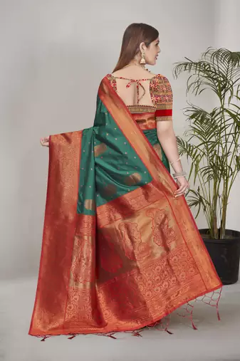Green Soft Silk Contrast Gold Zari Woven Saree