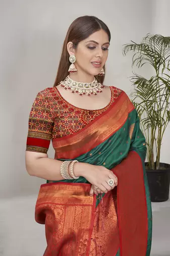 Green Soft Silk Contrast Gold Zari Woven Saree