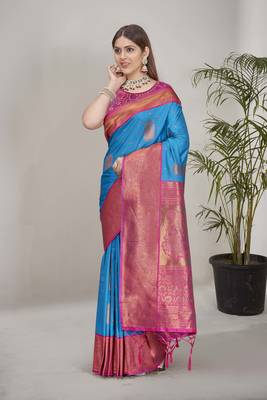 Blue Soft Silk Contrast Gold Zari Woven Saree 1