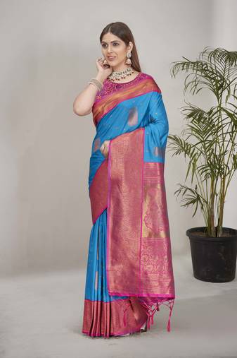 Blue Soft Silk Contrast Gold Zari Woven Saree