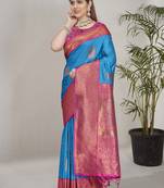 Blue Soft Silk Contrast Gold Zari Woven Saree