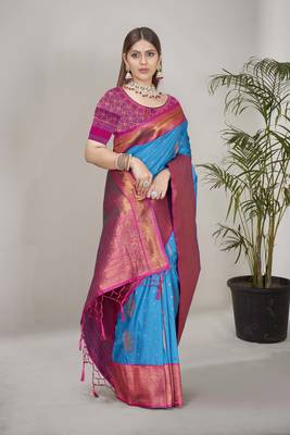 Blue Soft Silk Contrast Gold Zari Woven Saree 2