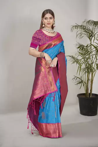 Blue Soft Silk Contrast Gold Zari Woven Saree