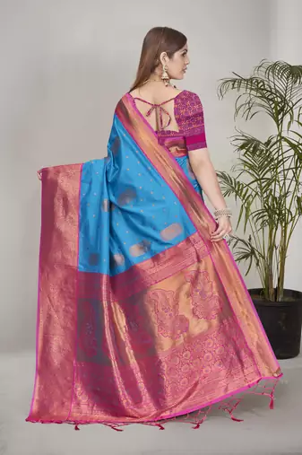Blue Soft Silk Contrast Gold Zari Woven Saree