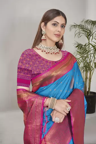 Blue Soft Silk Contrast Gold Zari Woven Saree