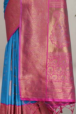 Blue Soft Silk Contrast Gold Zari Woven Saree 5