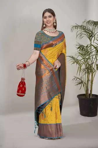 Yellow Soft Silk Contrast Gold Zari Woven Saree