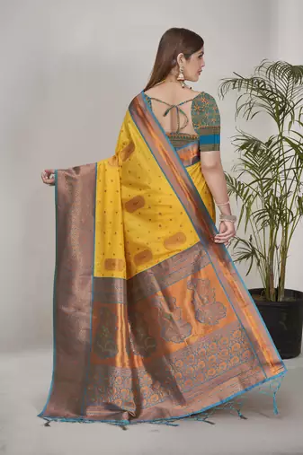 Yellow Soft Silk Contrast Gold Zari Woven Saree