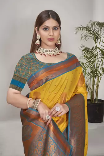 Yellow Soft Silk Contrast Gold Zari Woven Saree