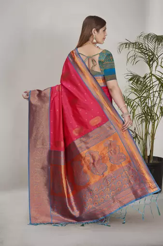 Pink Soft Silk Contrast Gold Zari Woven Saree