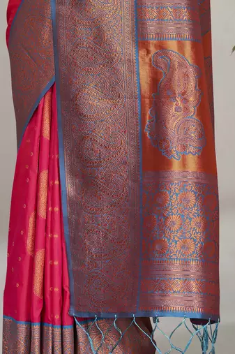 Pink Soft Silk Contrast Gold Zari Woven Saree