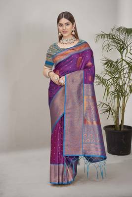 Purple Soft Silk Contrast Gold Zari Woven Saree 1