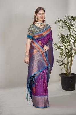Purple Soft Silk Contrast Gold Zari Woven Saree 2