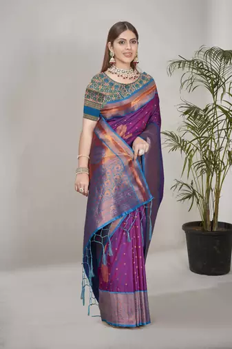 Purple Soft Silk Contrast Gold Zari Woven Saree