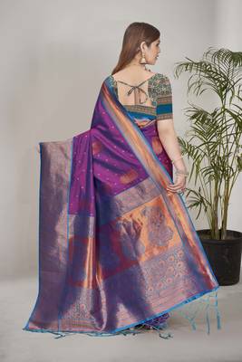 Purple Soft Silk Contrast Gold Zari Woven Saree 3