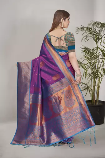 Purple Soft Silk Contrast Gold Zari Woven Saree