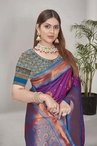 Purple Soft Silk Contrast Gold Zari Woven Saree