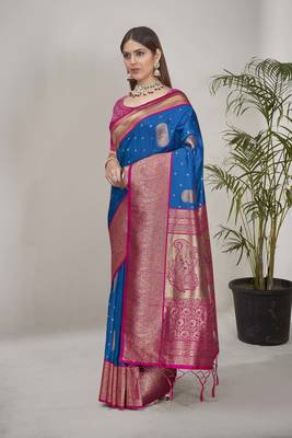 Rama Blue Soft Silk Contrast Gold Zari Woven Saree 1