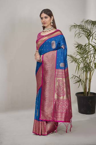 Rama Blue Soft Silk Contrast Gold Zari Woven Saree