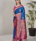 Rama Blue Soft Silk Contrast Gold Zari Woven Saree