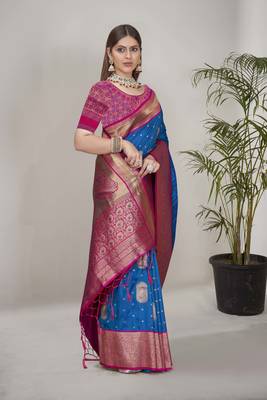 Rama Blue Soft Silk Contrast Gold Zari Woven Saree 2