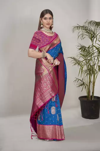 Rama Blue Soft Silk Contrast Gold Zari Woven Saree