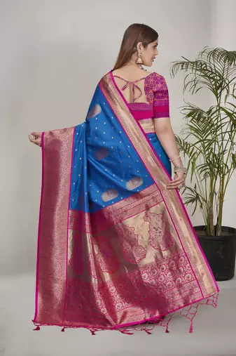 Rama Blue Soft Silk Contrast Gold Zari Woven Saree