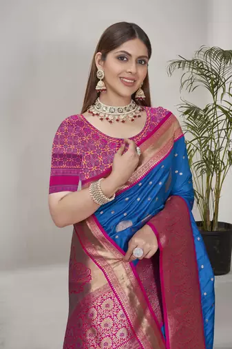 Rama Blue Soft Silk Contrast Gold Zari Woven Saree