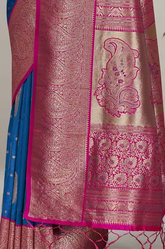 Rama Blue Soft Silk Contrast Gold Zari Woven Saree