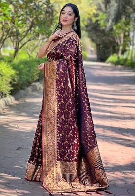 Dark Maroon Faux Banarasi Jaal Katan Silk Zari Woven Saree 1