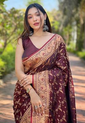 Dark Maroon Faux Banarasi Jaal Katan Silk Zari Woven Saree 2