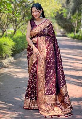 Dark Maroon Faux Banarasi Jaal Katan Silk Zari Woven Saree 3