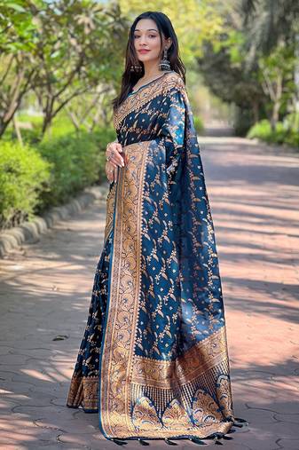 Deep Blue Faux Banarasi Jaal Katan Silk Zari Woven Saree