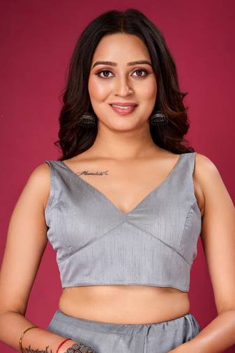Grey Plain Stitched Readymade Blouse